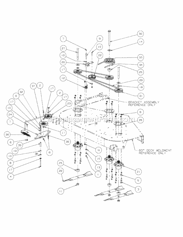 Fabricated Deck Spindle Assembly 60-Inch Diagram and Parts List for M60-CT 53AL8CT6050-28-HP-3Cylinder-OHV Cub Cadet Lawn Tractor